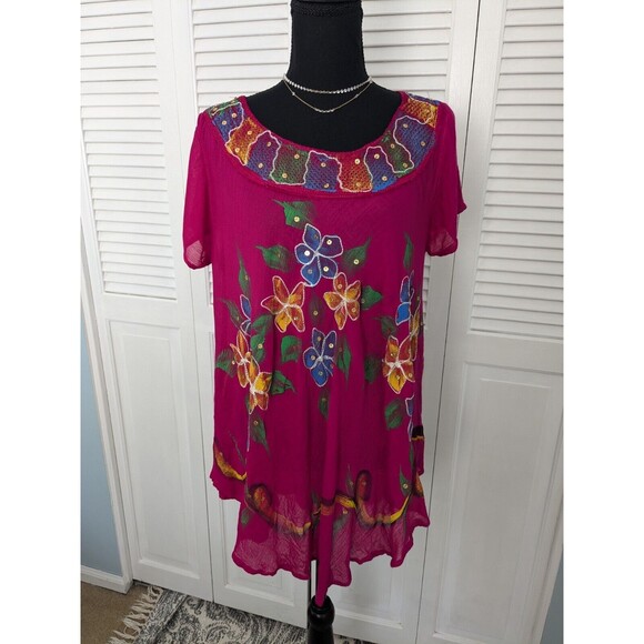 California Woman Top Free Size M/L Embroidered Pink Sequins Bohemian Tunic Flowy - Picture 1 of 14